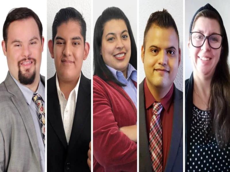 Collage que muestra a un grupo de activistas de los derechos de las personas con discapacidad (de izquierda a derecha): Bryan Russell, Diego Ortiz Cruz, María Fernanda Castro Maya, Luis Alfonso García y María José Gutiérrez Sánchez.